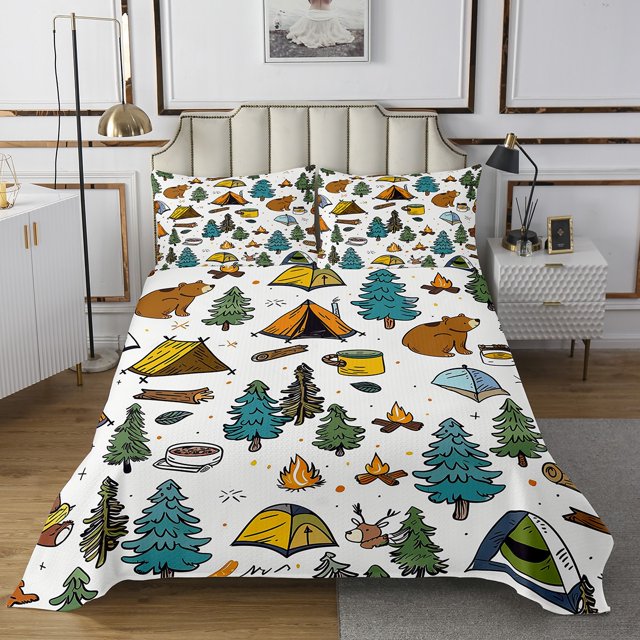 Erosebridal Happy Camping Coverlet Set Twin, RV Camper Bedding Set, Cartoon Camp Decor, 2 Pieces