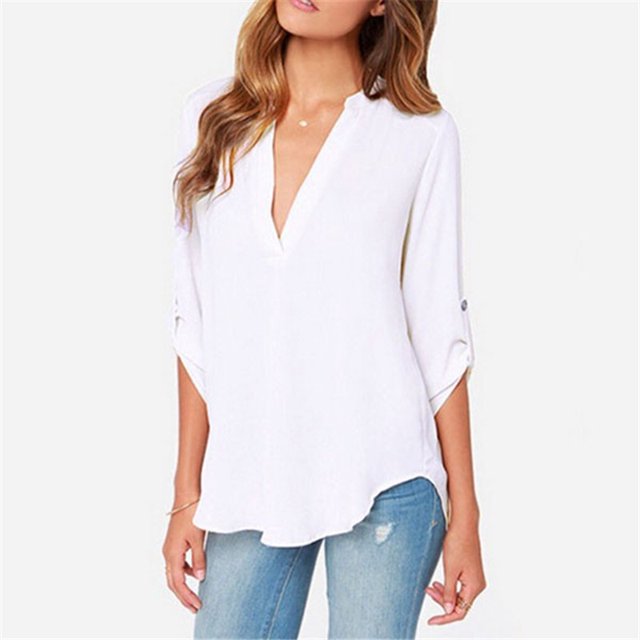 Blouse en Chiffon Unie à Col en V pour Femmes, Mode Aguichant, Manches Longues