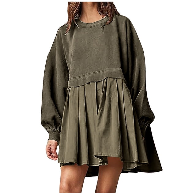 Pisexur Robe Chandail Surdimensionnée pour Femmes, Col Rond, Manches Longues, Patchwork, Robe d'Automne, Chandail à Enfiler, Hauts Amples et Fluides, Robe Chandail, Mini-Robe