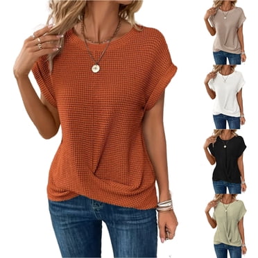 Sentmoon Clothes Women Woman Tops Women Crew Neck Short Sleeve Knit Side Loose Solid Color Casual Top Casual for Work & Office White XXL