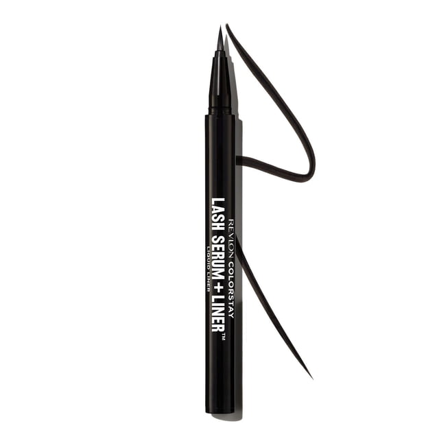 ColorStay Lash Serum + Liner™ Liquid Liner by Revlon, a black liquid eyeliner pen with a fine flexible brush tip and a smooth black line drawn beside it, featuring waterproof, vegan formula with serum-infused Tahitian Microalgae for healthier lashes and long-lasting rich black colour suitable for all eye shapes.