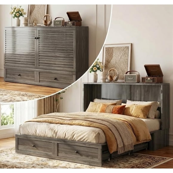 PUREMIND Lit Escamotable Format Grand avec Matelas, Lit Armoire Cube Escamotable avec Station de Recharge USB et Tiroir de Rangement, Lit Coffre Escamotable pour Chambre d'Amis/maison/bureau, Gris