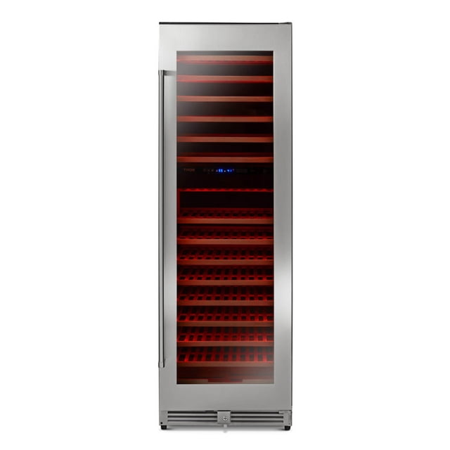Thor Kitchen 24 Inch Dual Zone Wine Cooler, 162 Wine Bottle Capacity-TWC2403DI. A front-facing view of a stainless steel wine cooler with a single glass door, showcasing 13 full-extension smooth-glide wine racks with wood fronts. The interior features red LED lighting and an electronic temperature control panel with dual temperature zones for precise storage of red, white, and sparkling wines. The cooler has a maximum capacity of 162 bottles, a security lock, and a Sabbath mode for energy-efficient operation. Dimensions include a width of 23 15/16 inches, a depth of 29 1/4 inches with handles, and a height of 74 inches.