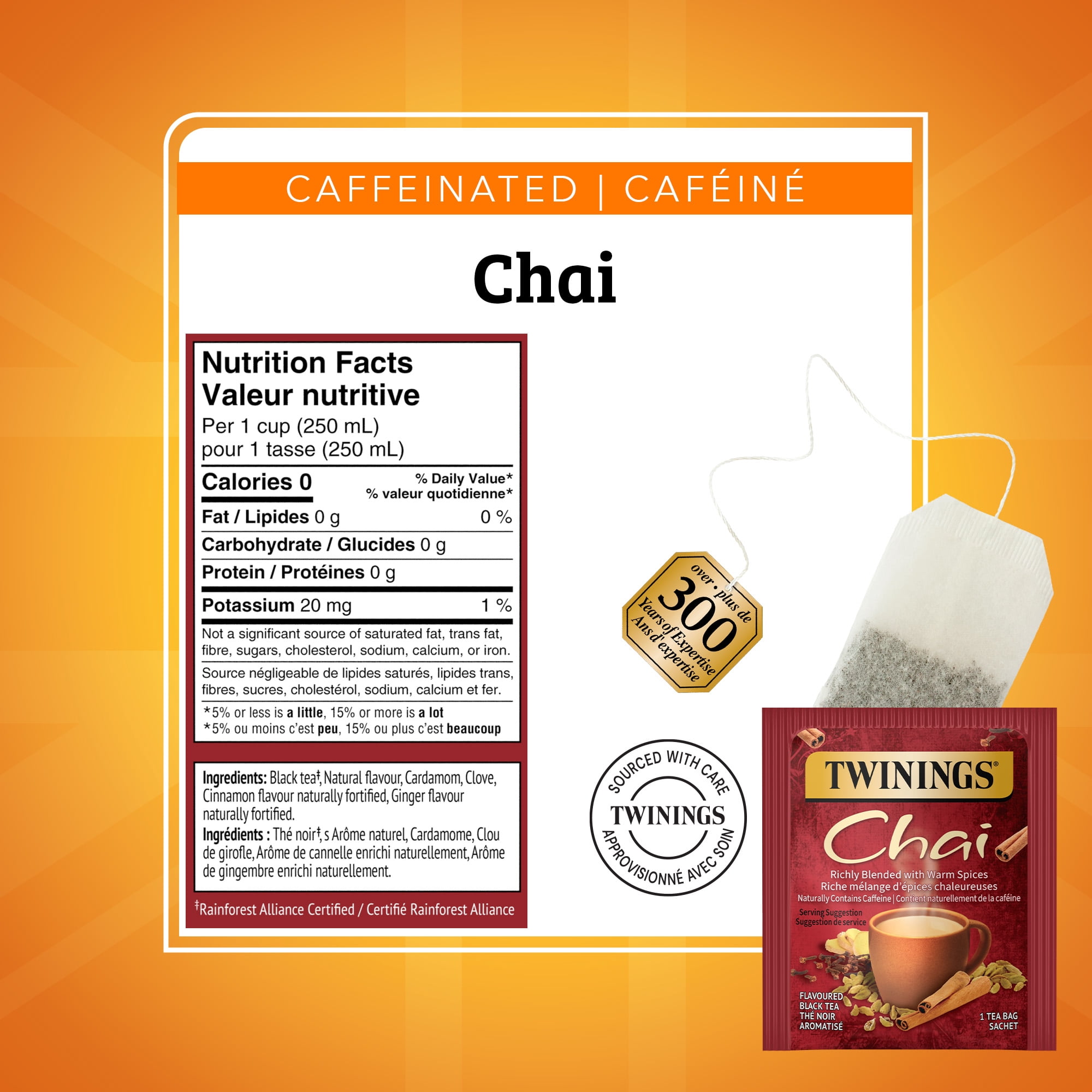 Twinings Chai Black Tea Bags, Warm & Spiced, Naturally Caffeinated, 20 Count