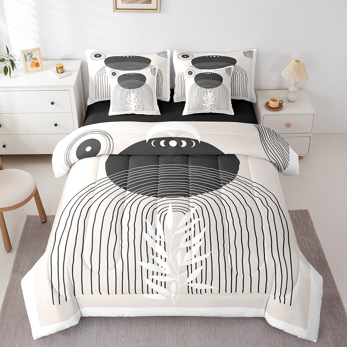 YST Mid Century Abstract 7-Piece Bedding Set Geometric Aesthetic Grey Black Comforter Set, Queen Size