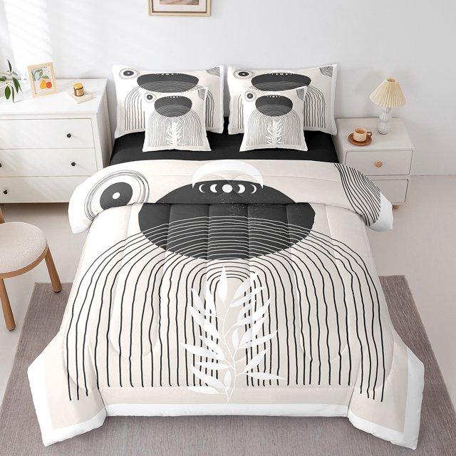 YST Mid Century Abstract Bedding Modern Lines 7pcs Grey Black Comforter Set, Full