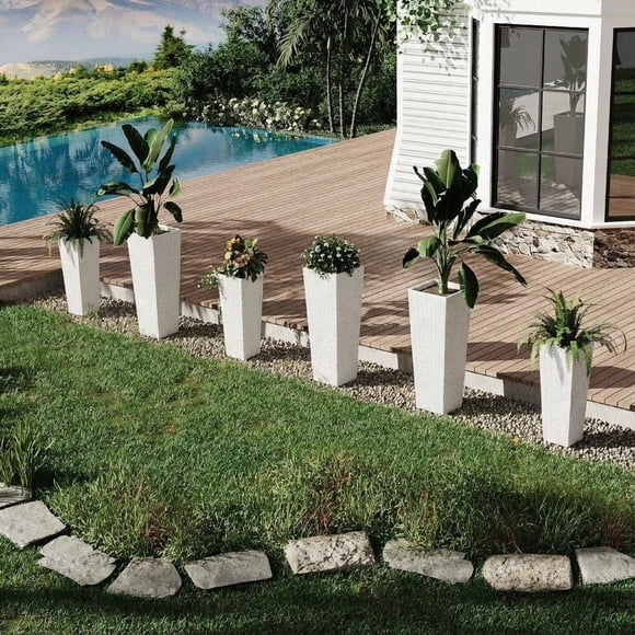 Modern Tall White Rattan Planters Set of 2 – 24" & 32" Decorative Plastic Flower Pots with Drainage, Indoor/Outdoor Square Containers for Patio, Porch, Garden – 2 High, White