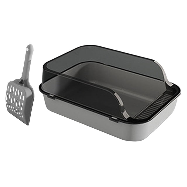 Open Top Cat Litter Box in grey, designed for indoor cats and kittens. Features a semi-enclosed design with high sides for splashproof protection and reduced litter tracking. Made of durable PP material with a smooth surface, it includes a low front entry for easy access by kittens and a detachable frame for convenient cleaning. Suitable as a kitten potty toilet and includes a matching grey litter scoop.