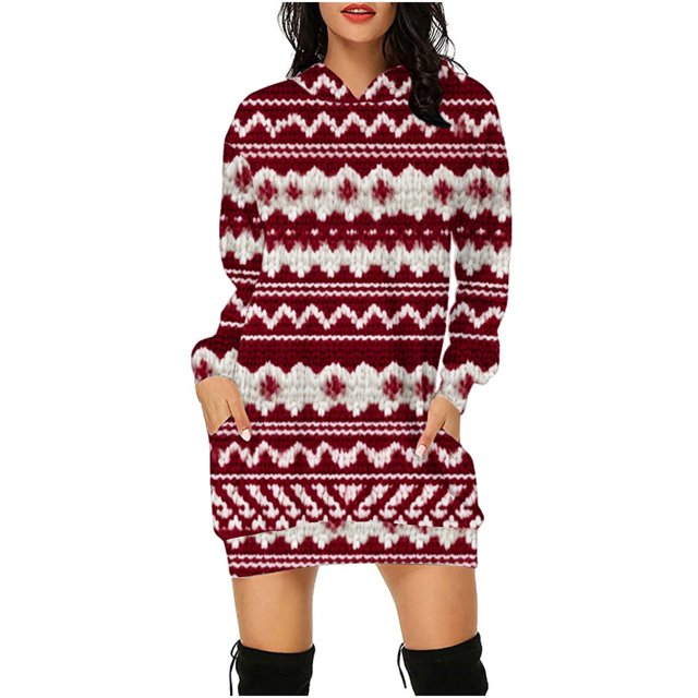FcBaudy Robe à Capuche, Robes de Printemps pour Femmes, Robes pour Femmes Robe de Noël pour Femmes à Imprimé Ample à Manches Longues Chandail à Capuche Chandail Robe à Capuche Robe pour Femmes