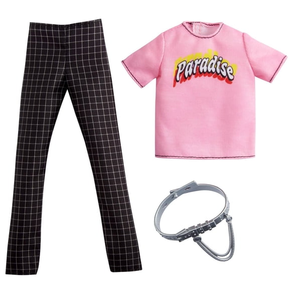 Barbie Fashions Pack: Ken Doll Clothes with Pink “Paradise” Top, Black Checked Pants & Silvery Chain Belt