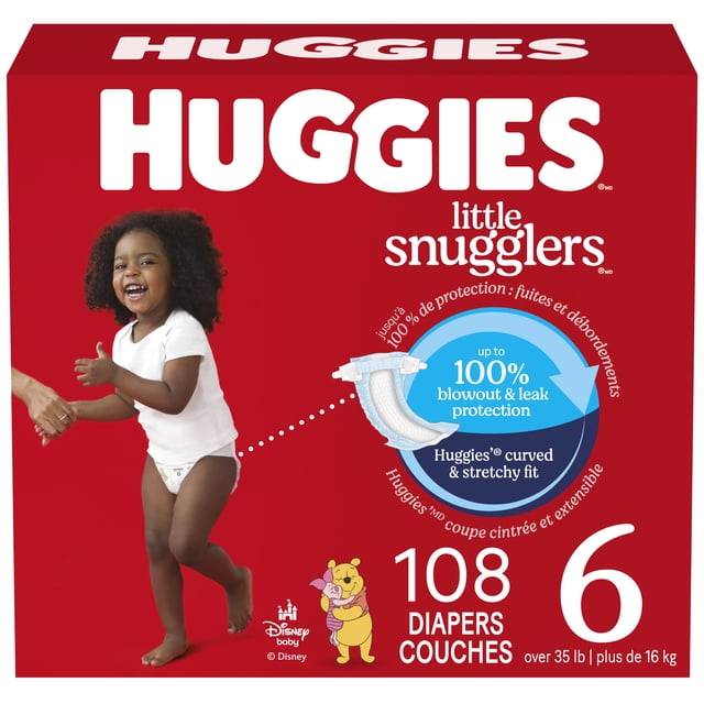 HUGGIES Little Snugglers Baby Diapers Econo pack Size 6 with 108 count, featuring a toddler wearing a white diaper that highlights the curved and stretchy fit and up to 100% blowout and leak protection, designed for babies over 35 lb (16 kg), with Disney Winnie the Pooh graphics on the red packaging.
