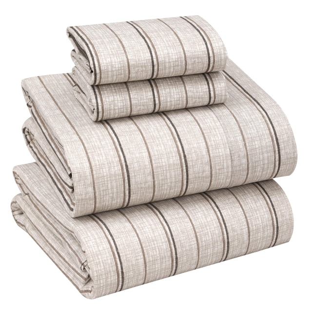 RUVANTI 100% Cotton Full Sheets, Percale Weave Full Size Set, Brown Stripes