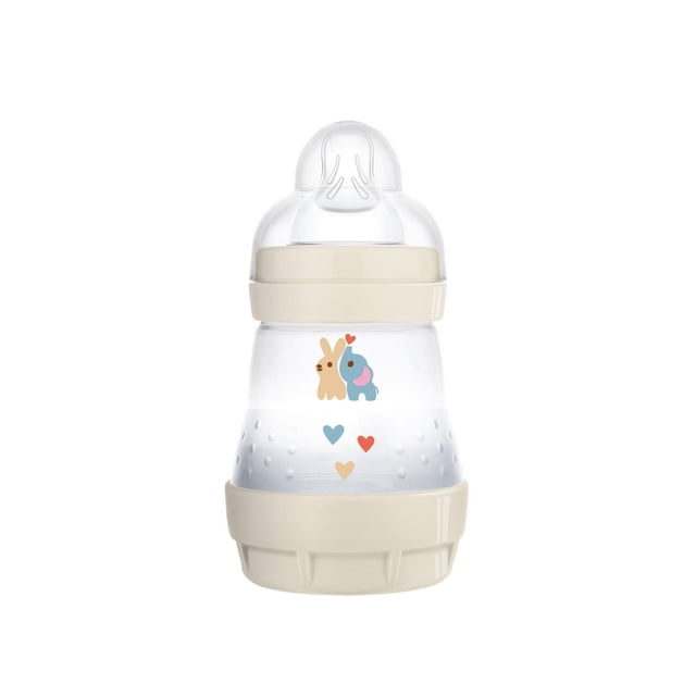 MAM Easy Start Anti-Colic Bottle, 5 oz, clear with beige silicone base and collar, decorated with a bunny and elephant graphic with hearts, featuring a slow flow silicone nipple for newborns, designed to reduce colic and self-sterilize in the microwave for easy cleaning.