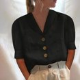 thumbnail image 1 of Aboser Women's Cotton and Linen Shirts Plain Short Sleeve Blouse Tops Dressy Button Down T Shirt Lapel Work Office Tunic Top 2024 Ladies Clothes Black M, 1 of 6