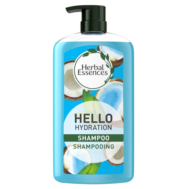Herbal Essences Hello Hydration Shampoo and Body Wash in a blue translucent bottle with black pump dispenser, featuring coconut and green leaf illustrations on the label, providing deep moisture and hydration for hair with a creamy coconut scent, paraben free, dermatologist tested, and cruelty free.