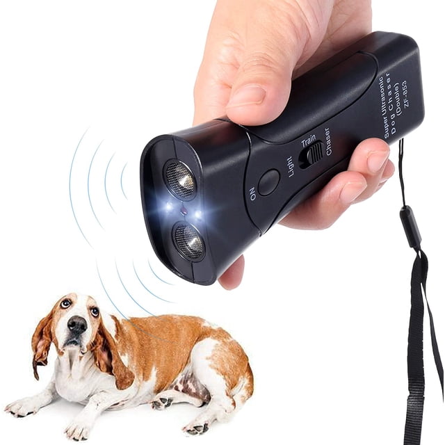 Anti Barking Handheld Ultrasonic Dog Trainer Device by CHITC, black ABS material with dual ultrasonic emitters, flashlight feature, and wrist strap. Designed as a dog deterrent and training tool, it emits ultrasonic waves toward a seated dog. Suitable for indoor and outdoor use.