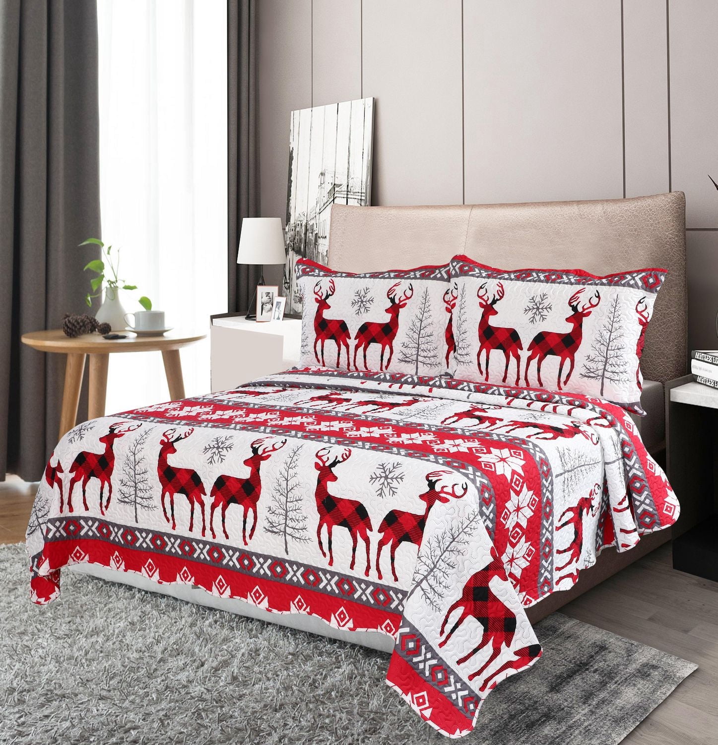 Marina Decoration Rich Printed Embossed Pinsonic Coverlet Bedspread Ultra Soft Bedding Summer Christmas Quilt Ensemble avec taies d'oreiller, motif flocon de neige de Noël et cerf