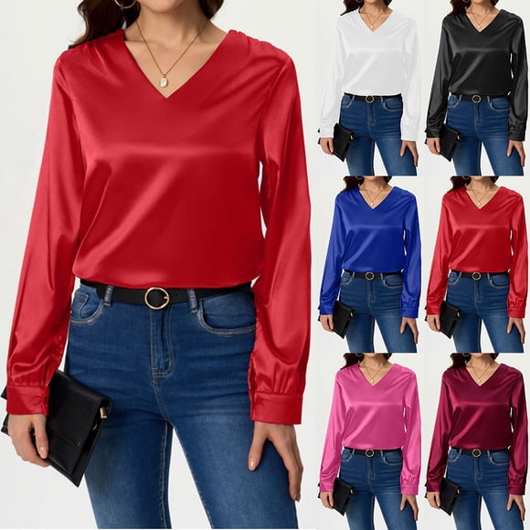 Nfurl Womens Satin Long Sleeve Blouses Business Casual Tops Loose Fit Solid Color V Neck Shirts 2025 Fall Clothes Going Out Top Red XL