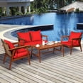 thumbnail image 3 of Costway 4PCS Patio Rattan Furniture Set Acacia Wood Frame Cushioned Sofa Chair Red, 3 of 10