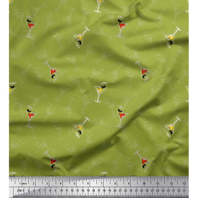 Soimoi Green polyester Crepe Fabric Glass,Straw & Drinks Summer Designs Decor Fabric Printed Yard 52 Inch Wide