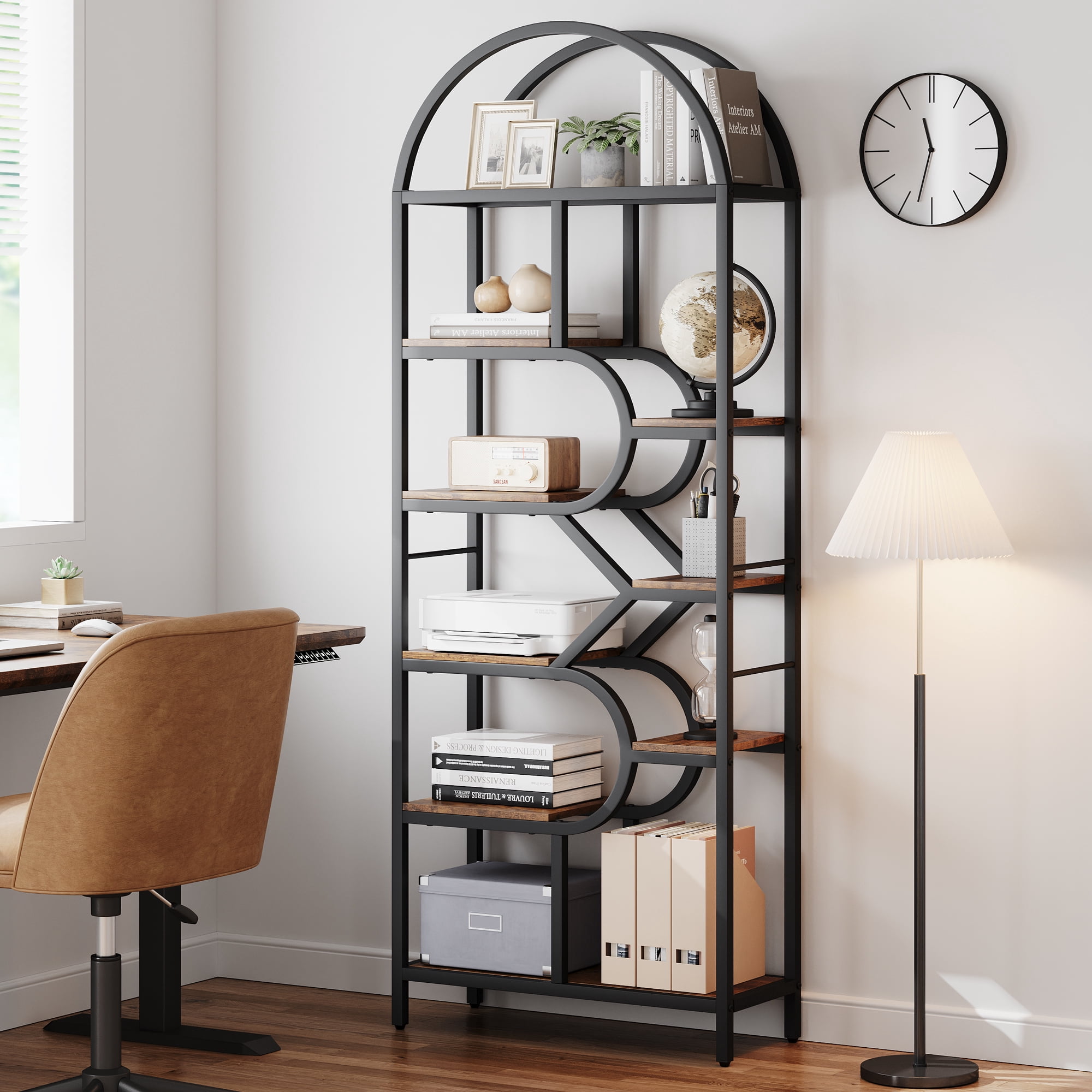 Arched Bookshelf Bookcase, 6 Tier Bookshelf, Metal Frame, 81.7'' Tall Shelf, Home Office Shelf Storage Organizer, Modern Book Shelf for Bedroom/Living Room