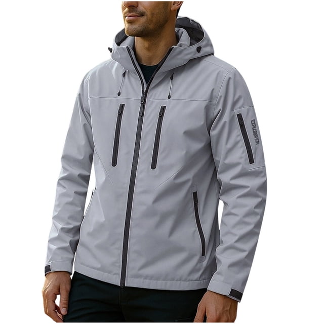 Lovzfmll Men's Rain Jacket Waterproof Windproof Hooded Outdoor Shell Gray, L