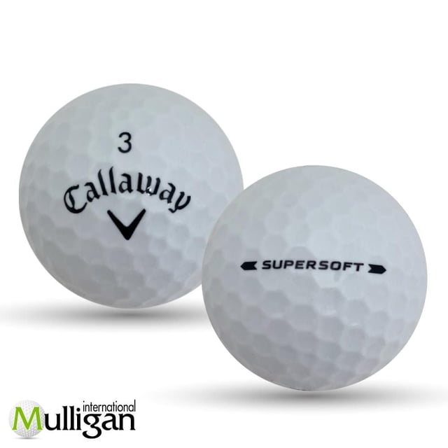 Mulligan - 48 Callaway Supersoft 4A Recycled Used Golf Balls, White featuring two white dimpled golf balls, one showing the black Callaway logo and number 3, the other marked with 'SUPERSOFT' in black, suitable for eco-friendly golf practice and play at all skill levels.