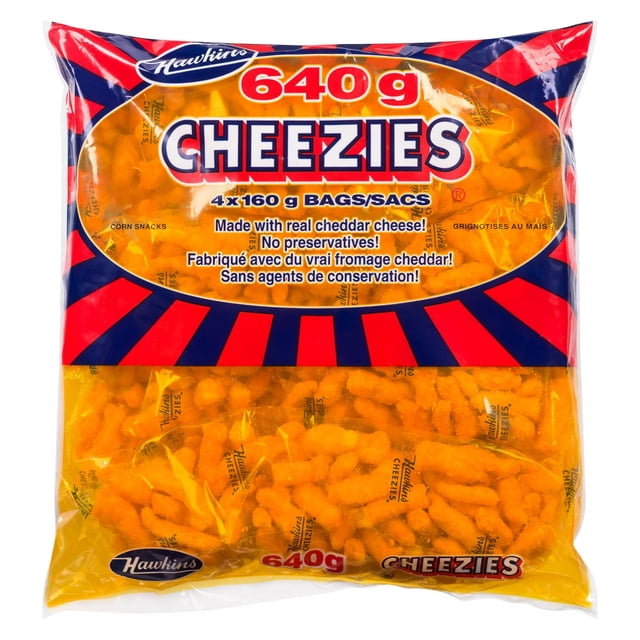 Hawkins Cheezies® Corn Snacks 640 g clear bag containing bright orange cheese puffs made with real aged cheddar cheese and no preservatives, featuring a blue and red label, a classic Canadian crunchy snack often enjoyed on-the-go or shared.
