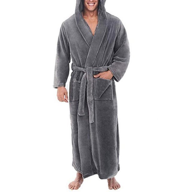 Pyjama pour Hommes à Capuche Longue Robe de Chambre Peignoir Vêtement de Nuit de Couleur Grise, Fabriqué en Matériau polyester Doux. Comprend une Capuche, Manches Longues, Taille Ceinturée et Deux Poches avant. Idéal pour les Vêtements de Détente et de Nuit pour Hommes, Offrant une Couverture Complète pour le Confort et la Chaleur.