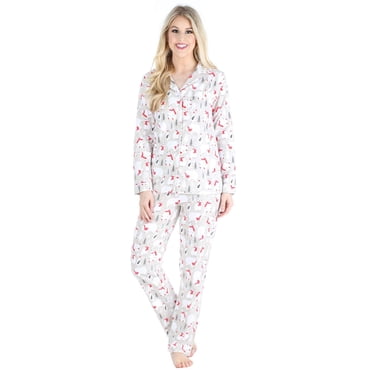 PajamaMania Women's Cotton Flannel Long Sleeve Button-Down Pajamas PJ Set, Polar Bear, Large