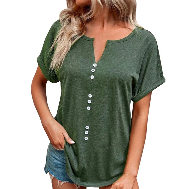 Birdeem Chemise à Col en V Boutonnée Unie d'Été pour Femme à Manches Courtes avec Revers
