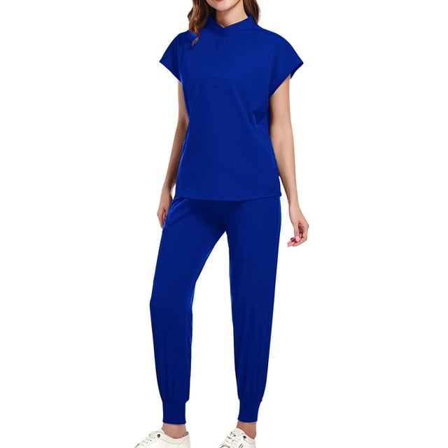 Ensemble Assorti de Sarraus pour Femmes, Hauts Extensibles à Col Rond avec Poches et Pantalons Cargo, Ensemble d'Uniforme de Travail Jogger pour Infirmière