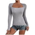 thumbnail image 1 of CEHVOM Femmes Ajusté Décontracté Uni Manches Longues Col Carré Chemises de Base Blouses Chaudes Hauts, 1 of 8