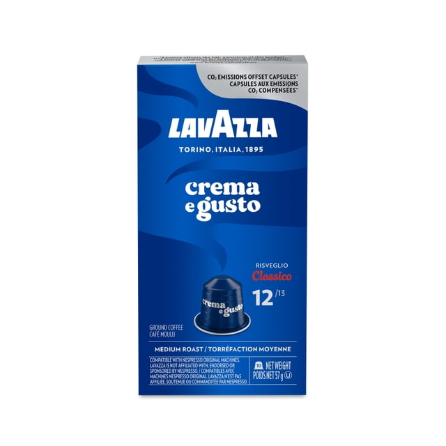 LZ CREMA E GUSTO NCC Lavazza crema e gusto coffee pods box in blue with white and red text, featuring a dark blue coffee capsule labeled crema e gusto, medium roast ground coffee compatible with Nespresso original machines, net weight 57g, with hints of dark chocolate and notes of wood and spices.