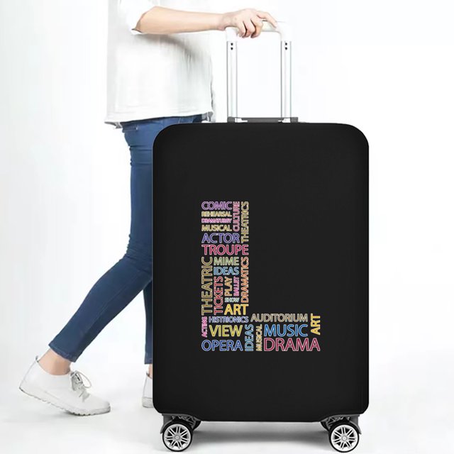Stretch Luggage Cover Suitcase Covers Text Letter Printed Travel Accessories Printed Dust Cover 18''-28'' Inch Protective Case. The cover is made of elastic stretch fabric with a black base and a colorful letter 'L' design featuring words like 'Comic,' 'Actor,' and 'Drama.' Suitable for suitcases ranging from 18 to 28 inches, it provides protection against scratches, dust, grease stains, and spills. Ideal for travel use.