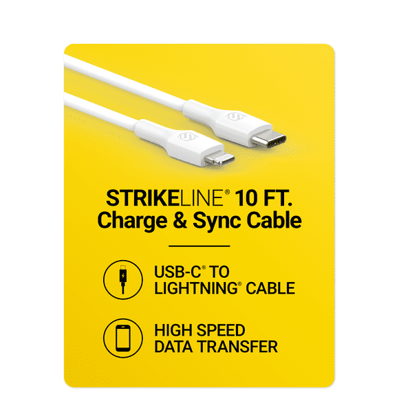 Scosche CI410WT-SP StrikeLine USB-C to Lightning PD Fast Charge & Sync Cable 10ft MFi White