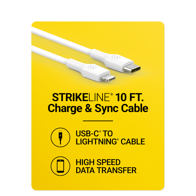 Scosche CI410WT-SP StrikeLine USB-C to Lightning PD Fast Charge & Sync Cable 10ft MFi White