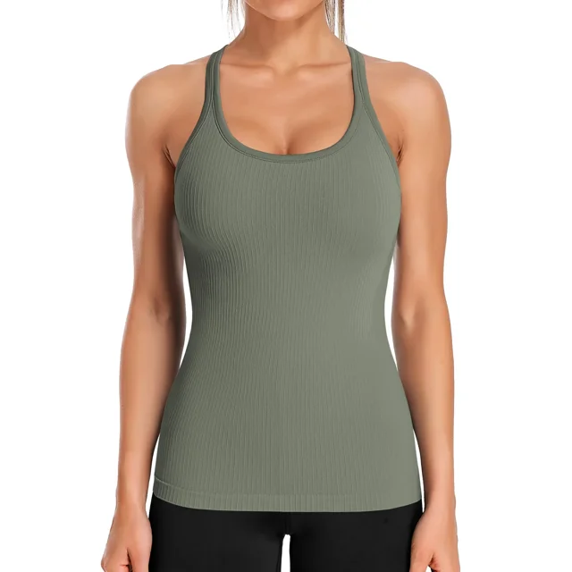 Charmo Women's Ribbed Camisole Workout Tank Tops with Built in Bra Basic Undershirt
