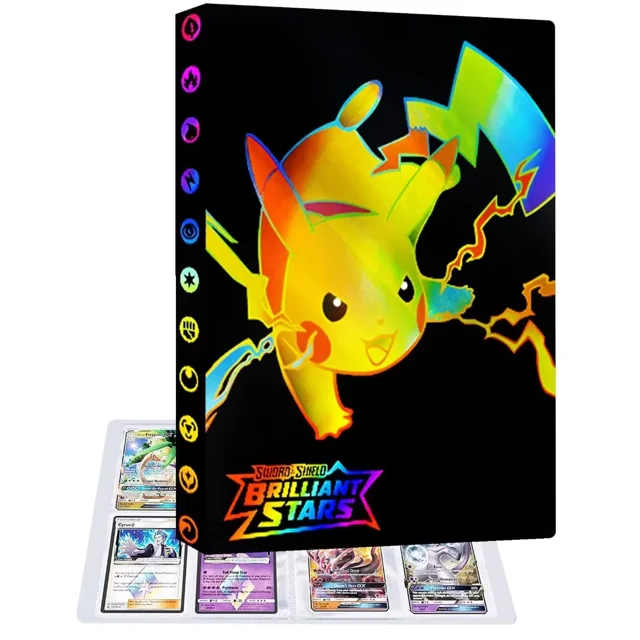 Trading Card Storage Binder with a vibrant Pikachu design on the cover, featuring the text 'Sword & Shield Brilliant Stars.' The binder includes 30 pages with 4 pockets per page, capable of holding up to 240 cards. Made of durable PP material, it is lightweight and easy to carry. The top-loading design allows for easy insertion and removal of cards. Cards shown are for display purposes and not included.