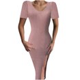 thumbnail image 1 of EQWLJWE Robes d'Été pour Femmes 2023 Mode pour Femmes Couleur Unie Aguichant à Manches Courtes Robe en Tricot Fendue, 1 of 8
