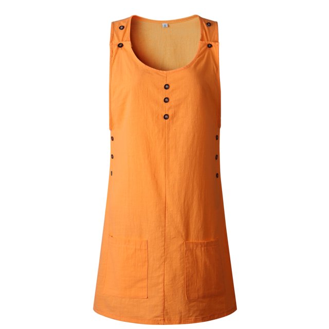 MAWCLOS Women Tank Dress Solid Color Dresses Button Sundress Casual Work Crew Neck Orange XL