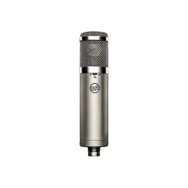 Warm Audio WA-47jr microphone with nickel-plated finish, featuring a cylindrical design and mesh grille. This FET transformerless microphone includes three polar patterns: cardioid, figure-of-eight, and omnidirectional, along with a high-pass filter and -10 dB pad switch. Designed with a custom k47 capsule for studio, live, and broadcast applications.