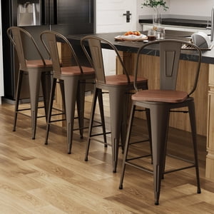 Alunaune 24" Swivel Metal Counter Height Bar Stools Set of 4 High Back Industrial Bar Chairs Kitchen Barstools with Large Wooden Seat-Rusty