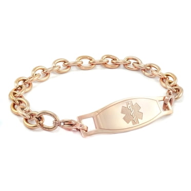 MedicEngraved Surgical 316L Stainless Steel Medical ID 8mm Rose Gold Toned Link Bracelet with Embossed Medical Tag - Medical Engraving Included