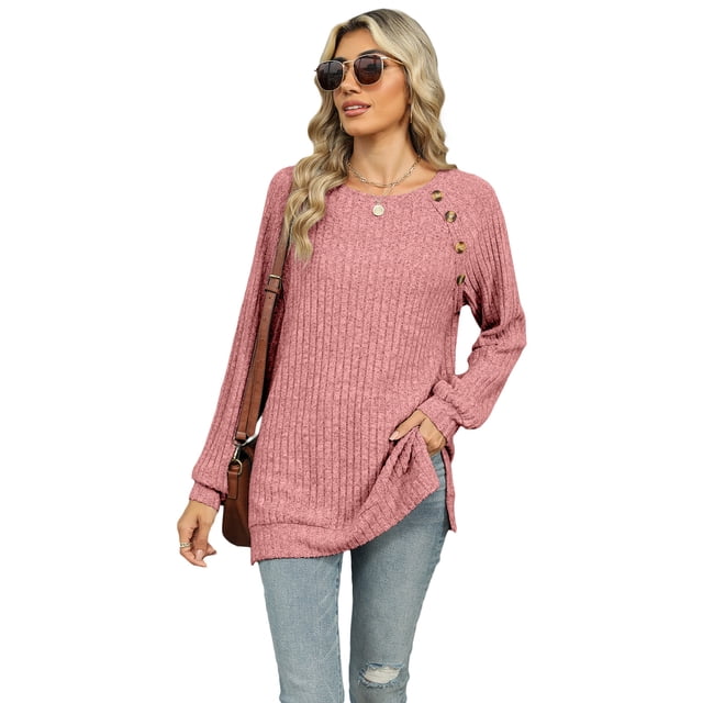 Qudderr Hauts de Chandail pour Femmes Décontractés à Manches Longues T-Shirts Col Rond Chandail Tricoté Hauts de Chandail Tenues Automne Hiver P-2TG