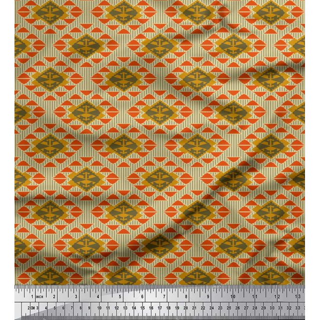 Soimoi Beige polyester Crepe Fabric Stripe & Diamond Geometric Decor Fabric Printed Yard 42 Inch Wide