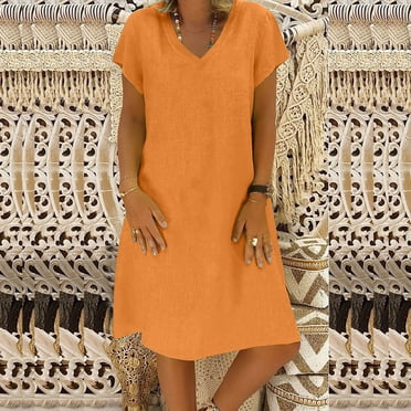 LOVZFMLL Robe d'Été Unie à Col pour Femme à Manches Courtes en Coton et Lin Orange 2TG