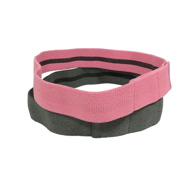 CAP Fabric Resistance Bands, Pair, showing two looped fabric bands in pink and dark gray with a black stripe, made from a polyester and cotton blend with triple stitching, designed for hip and leg resistance training, suitable for HIIT, Pilates, and cross fit workouts.