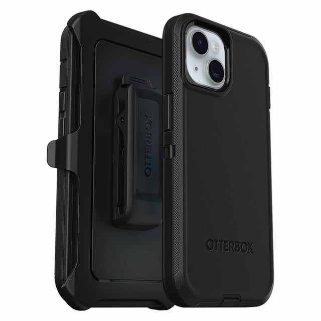 OtterBox Defender Pro MagSafe avec Étui-Holster Noir en Vrac pour iPhone 16e/15/14/13 Montrant un Étui Protecteur Noir à Trois Couches avec Prise Texturée, Coins Renforcés, Couvre-Port, Aimants MagSafe Intégrés, et un Étui-Clip de Ceinture Détachable avec Marque OtterBox.
