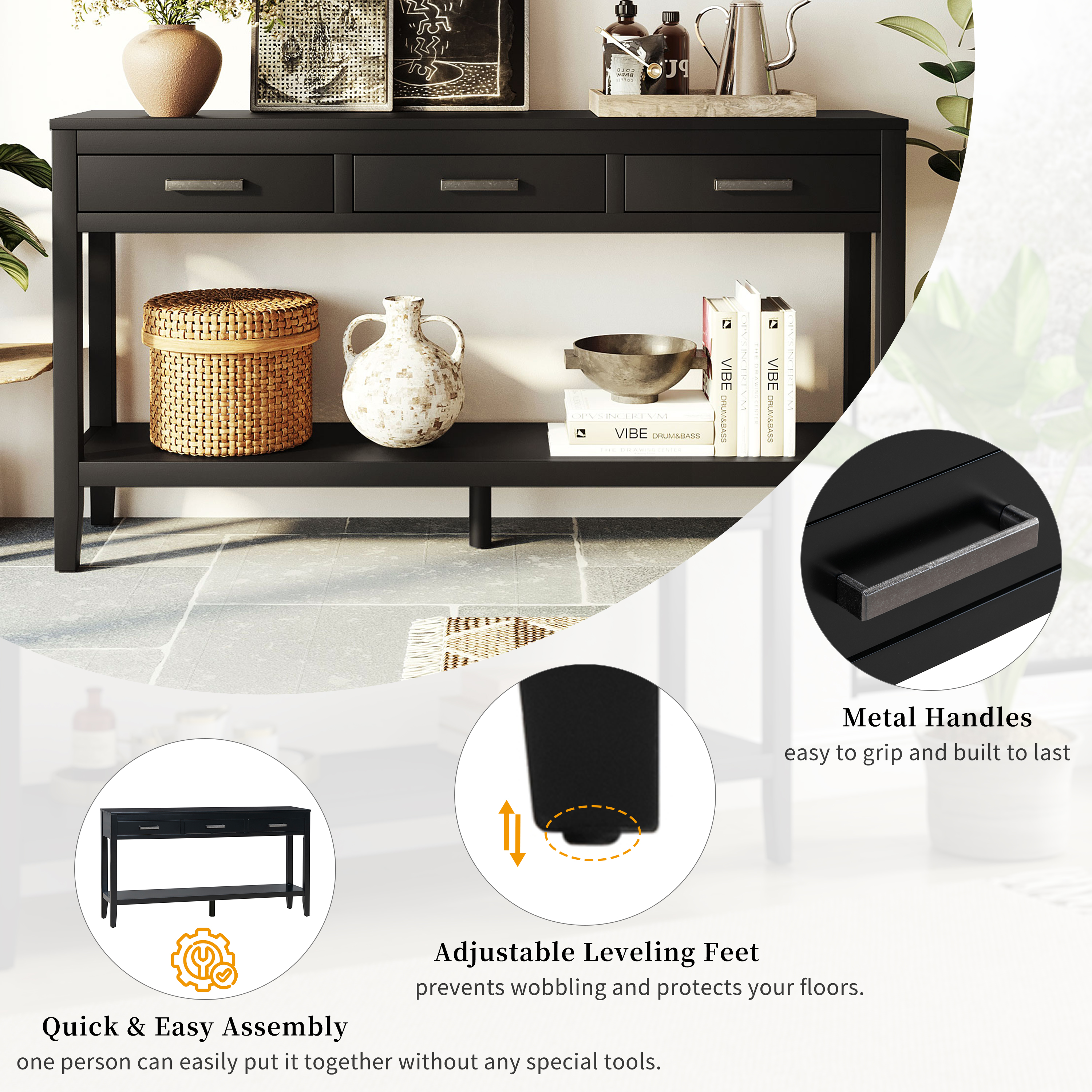 Noble House 62.2" Farmhouse Entryway Table, 3-Drawer Painted Console with Bottom Shelf & Iron Handles,Minimalist,Black